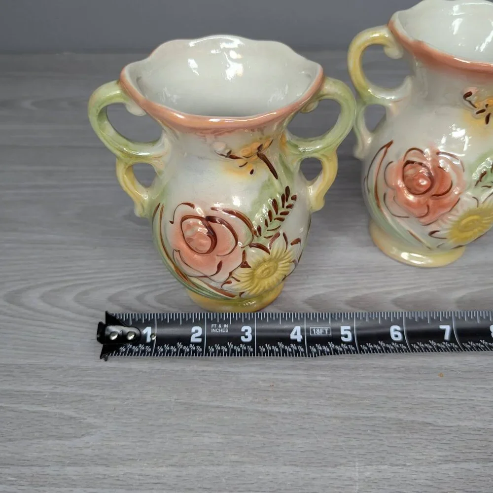 Vintage Ceramic Lusterware Floral Double Handle Vase Brazil Set of 2 5